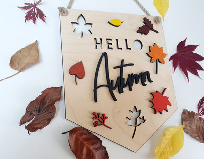 Hello Autumn Wood Plaque - Autumn Decor - Wooden Hand painted Sign with Autumn Theme - Gift for Autumn