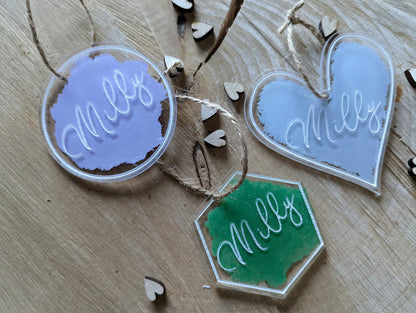 Modern Acrylic Name Places With Hexagon Shape And Different Colour Splash Backs - Unique Personalised Acrylic Favours  - Wedding Titles