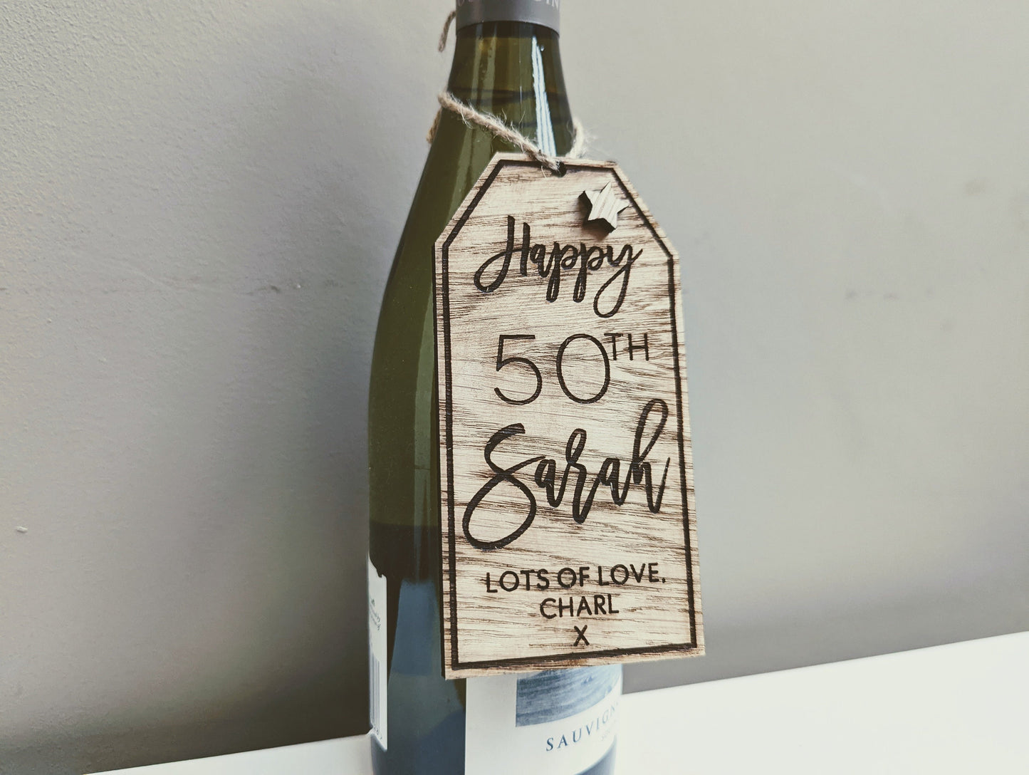Personalized Oak Veneer Bottle Tag: Rustic Wedding, Birthday, Christmas