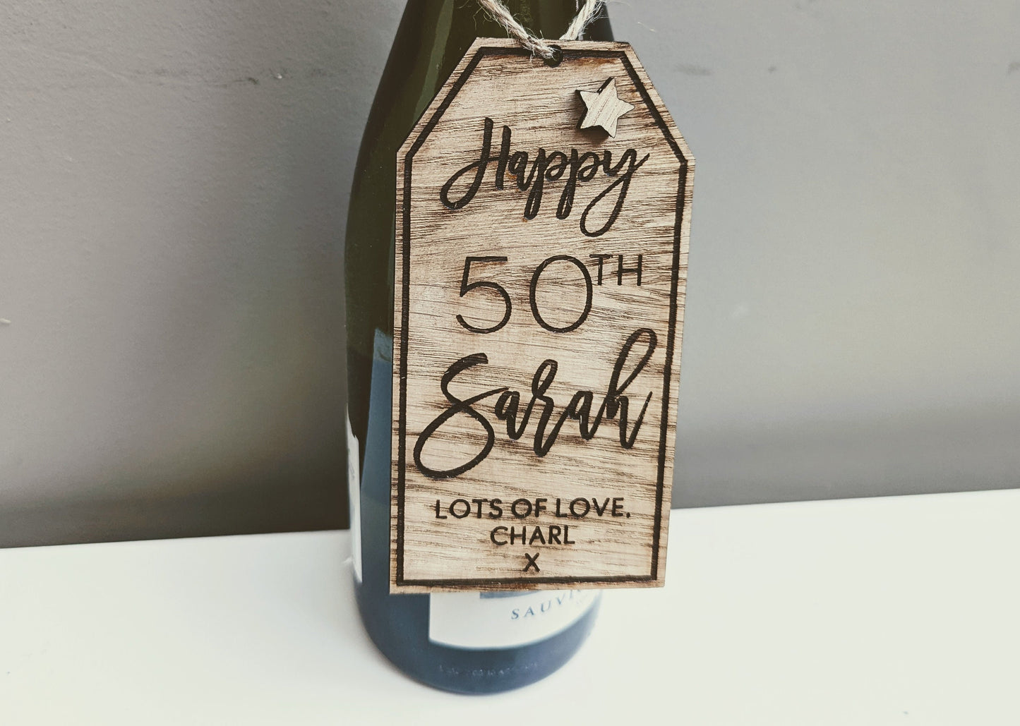 Personalized Oak Veneer Bottle Tag: Rustic Wedding, Birthday, Christmas