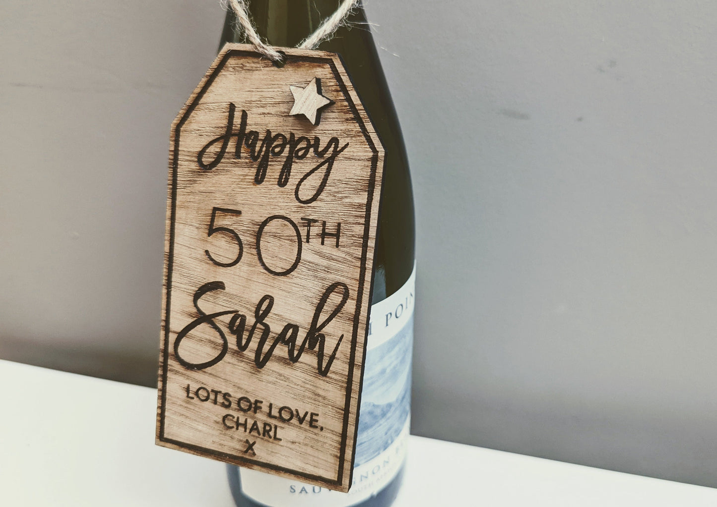 Personalized Oak Veneer Bottle Tag: Rustic Wedding, Birthday, Christmas