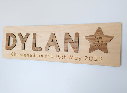 Personalised new baby gift. Christening gift for baby. Wooden puzzle for toddler. Rustic name puzzle board gift. Nursery name puzzle.
