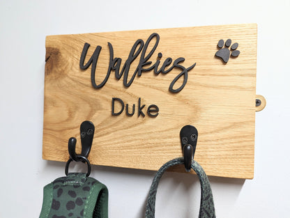 Personalised Oak Dog Lead Hook, "Walkies" Sign with 2 Hooks