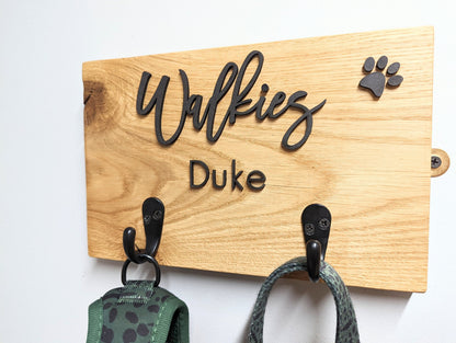 Personalised Oak Dog Lead Hook, "Walkies" Sign with 2 Hooks