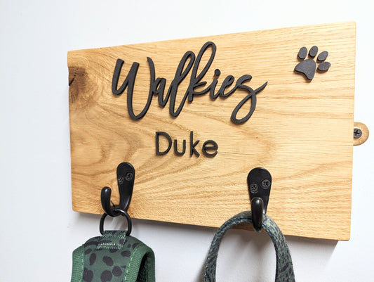Personalised Oak Dog Lead Hook, "Walkies" Sign with 2 Hooks