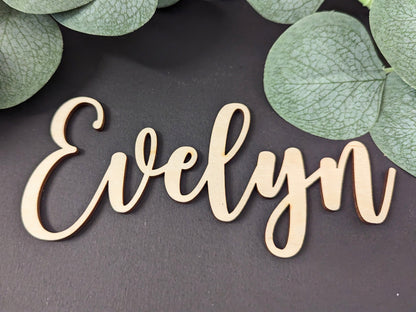 Wooden Wedding Name Place Cards, Cursive Calligraphy Favors
