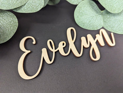 Wooden Wedding Name Place Cards, Cursive Calligraphy Favors