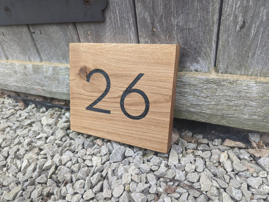 Engraved Oak House Number Sign, Modern Address Plaque
