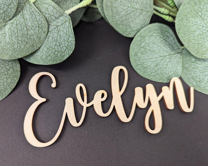 Wooden Wedding Name Place Cards, Cursive Calligraphy Favors