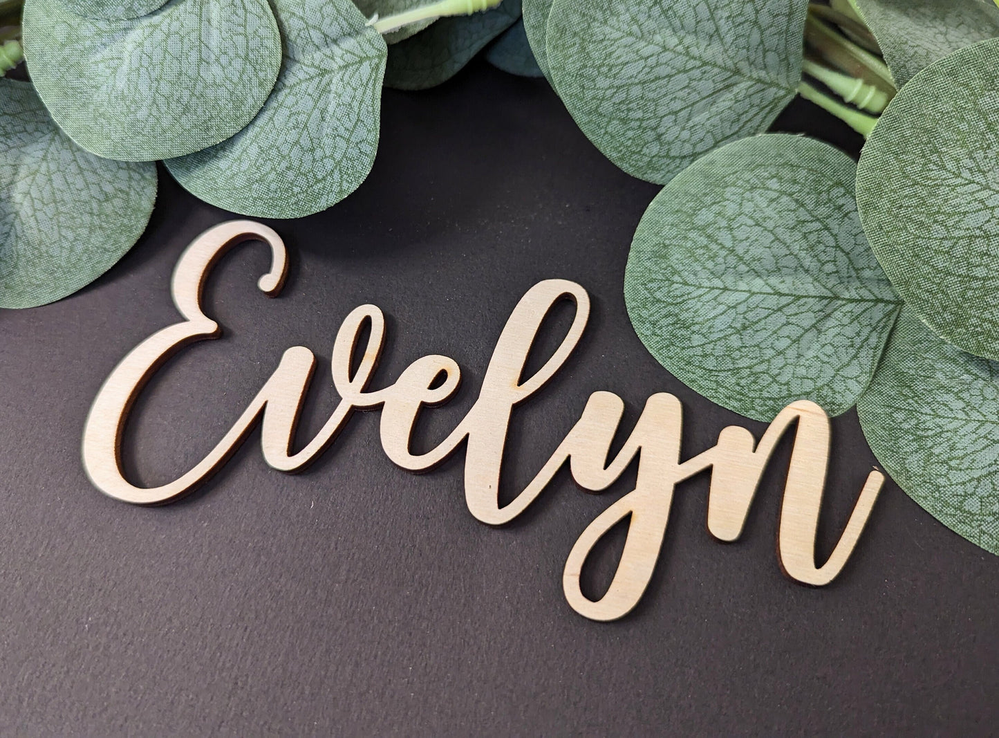 Wooden Wedding Name Place Cards, Cursive Calligraphy Favors