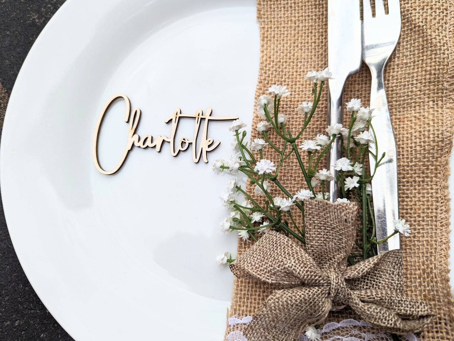Rustic Script Wood Wedding Place Cards, Laser Cut Calligraphy Favors