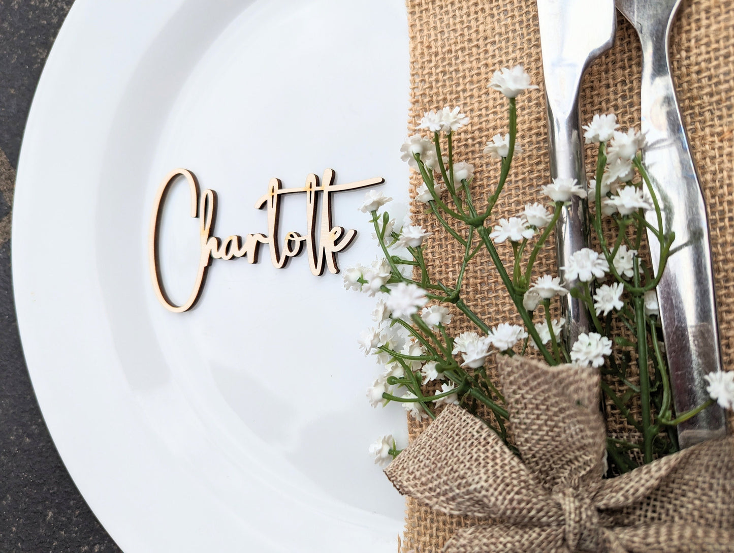 Rustic Script Wood Wedding Place Cards, Laser Cut Calligraphy Favors