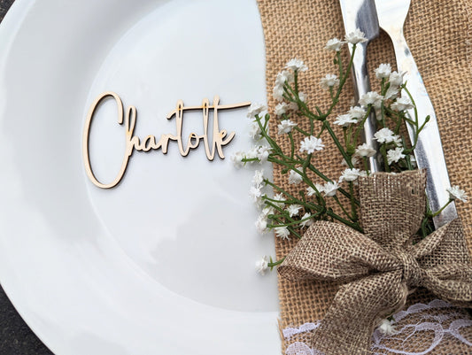 Script Rustic Style Wooden Wedding Name Places. Cursive Wood Place Names. Wood Wedding Names. Wedding Favours. Name Tags for Weddings.