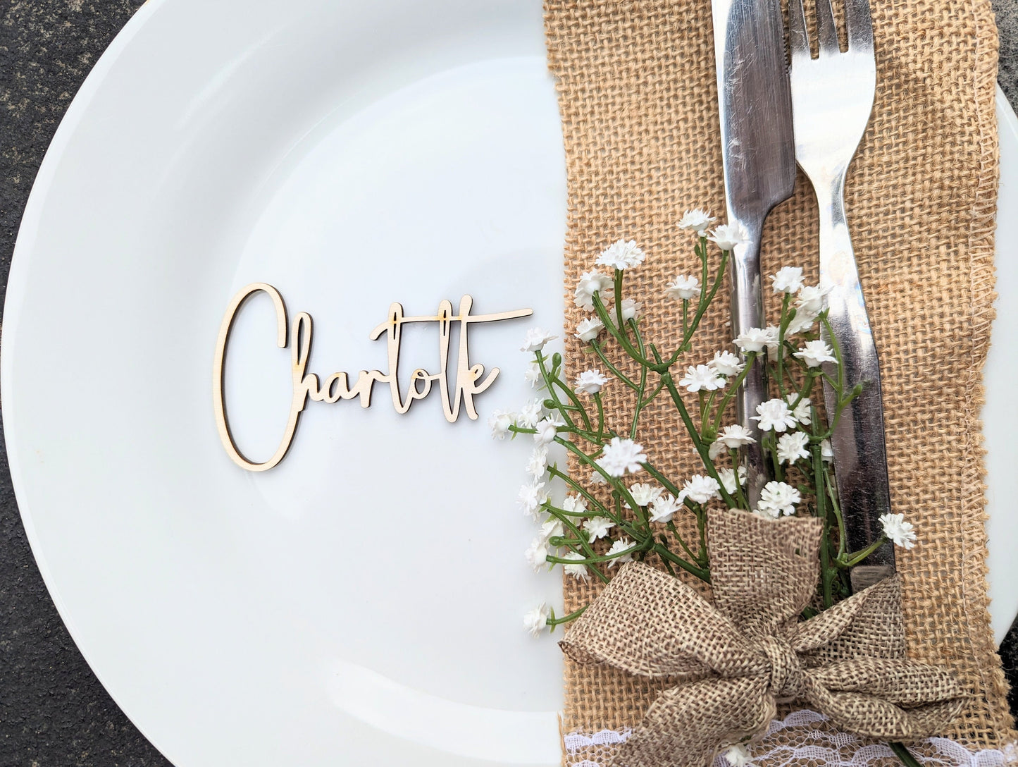 Rustic Script Wood Wedding Place Cards, Laser Cut Calligraphy Favors