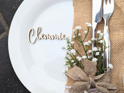 Cursive Wood Wedding Name Place Cards, Laser Cut Birchwood Favors