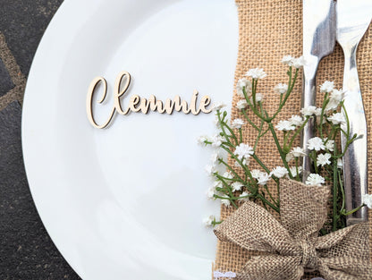 Cursive Wood Wedding Name Place Cards, Laser Cut Birchwood Favors