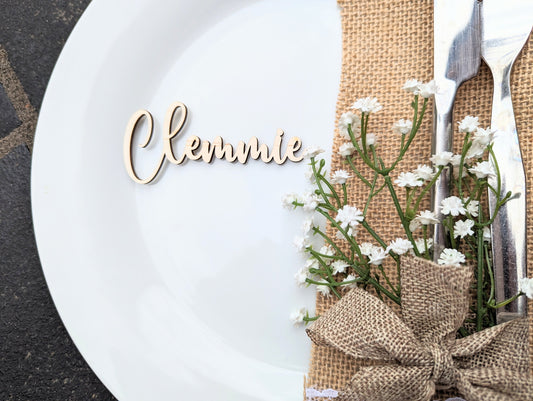 Cursive Wood Wedding Name Place Cards, Laser Cut Birchwood Favors