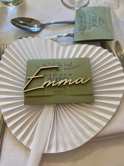 Personalised Wooden Wedding Name Places - Calligraphy Style. Cursive Wedding Place cards. Wood Wedding Names. Wedding Favours.