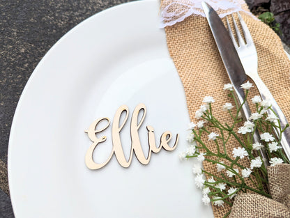 Rustic Cursive Wood Wedding Name Place Cards, Bohemian Favors