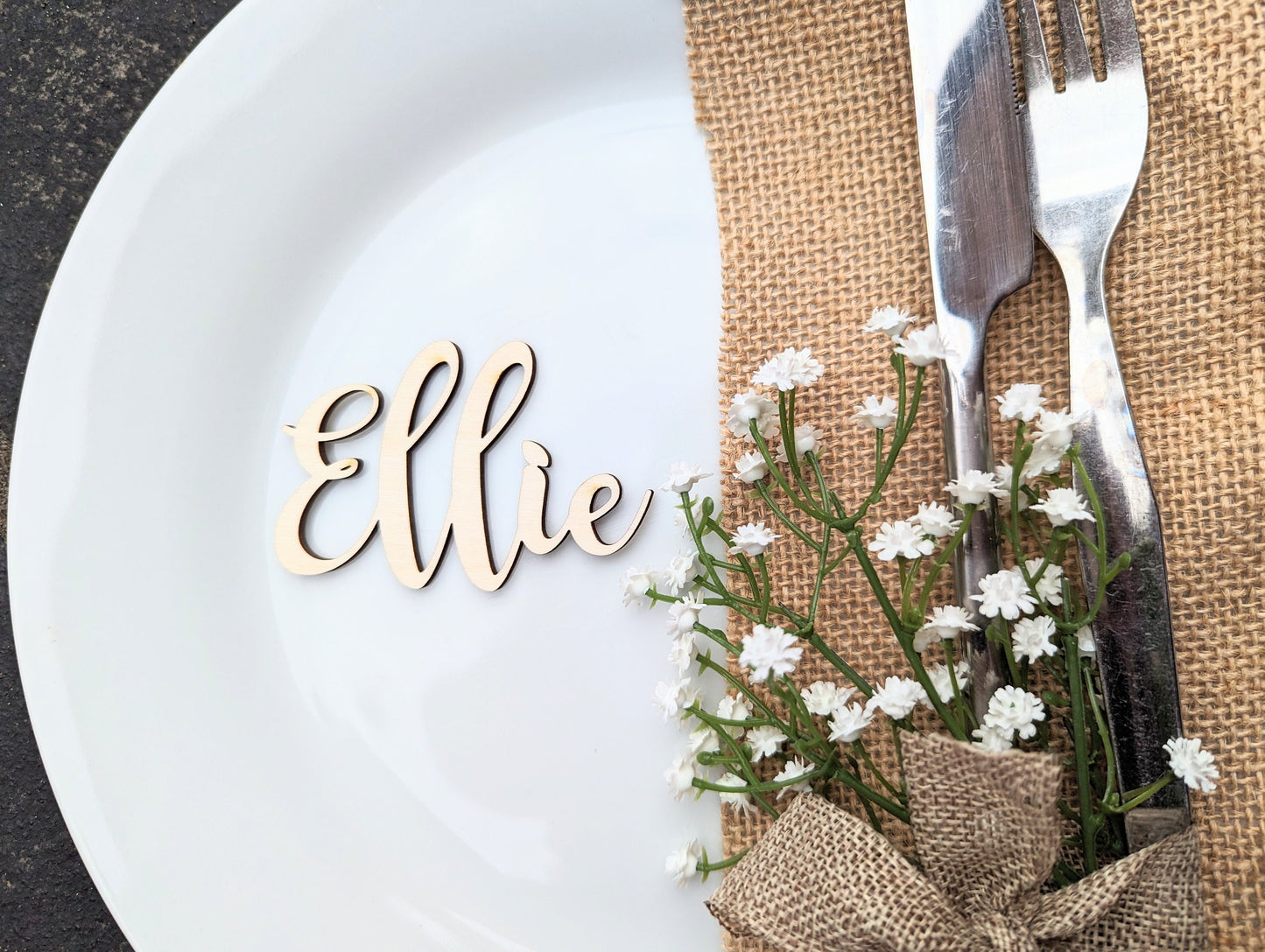 Rustic Cursive Wood Wedding Name Place Cards, Bohemian Favors