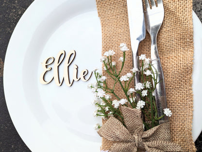 Rustic Cursive Wood Wedding Name Place Cards, Bohemian Favors