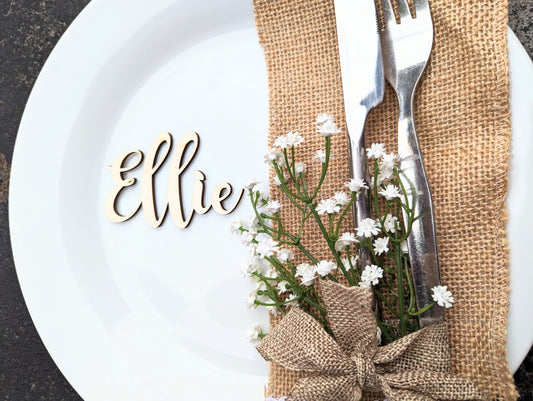 Bohemian Rustic Style Wooden Wedding Name Places. Cursive Wood Place Names. Wood Wedding Names. Wedding Favours. Name Tags for Weddings.