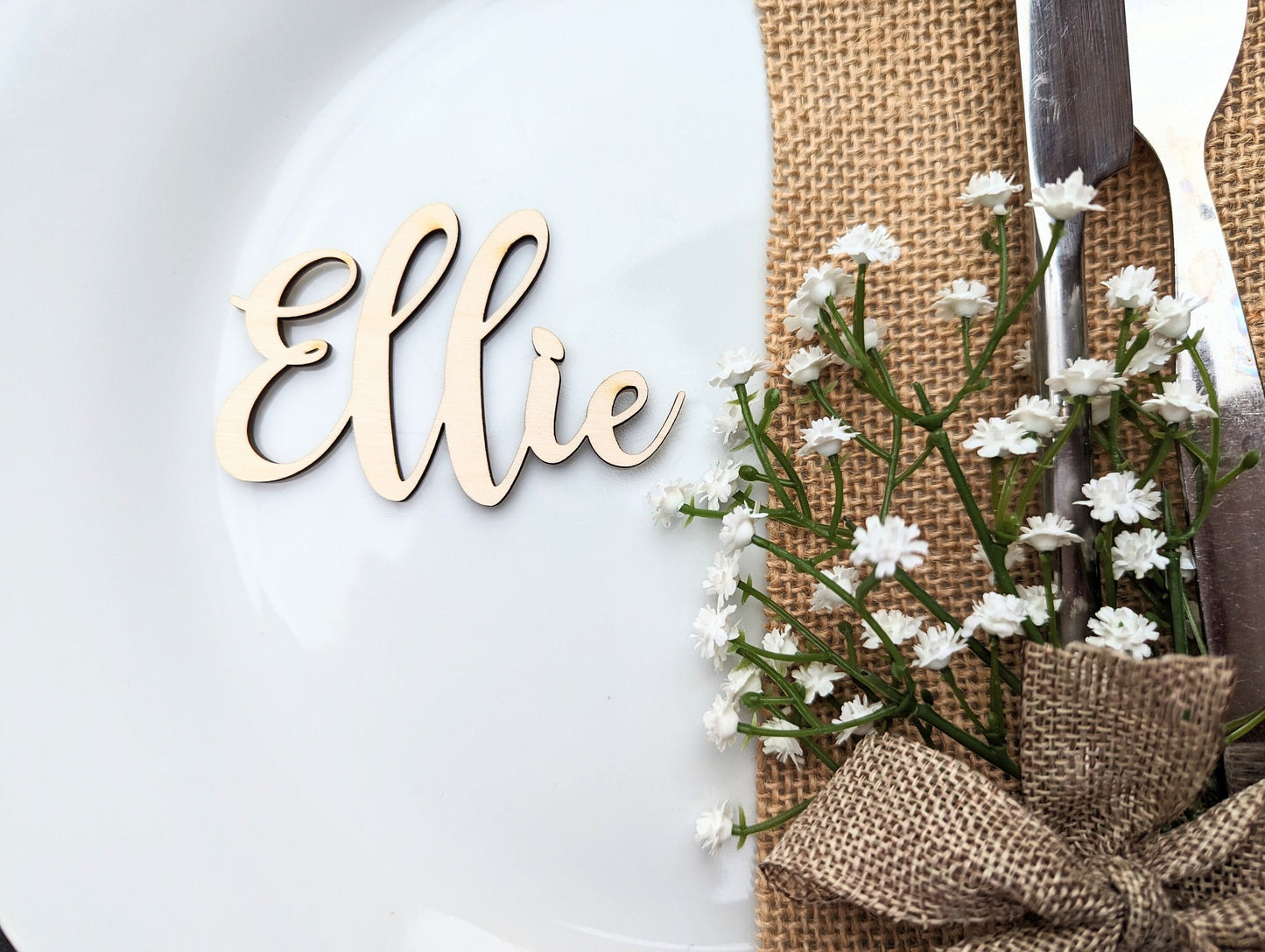 Rustic Cursive Wood Wedding Name Place Cards, Bohemian Favors