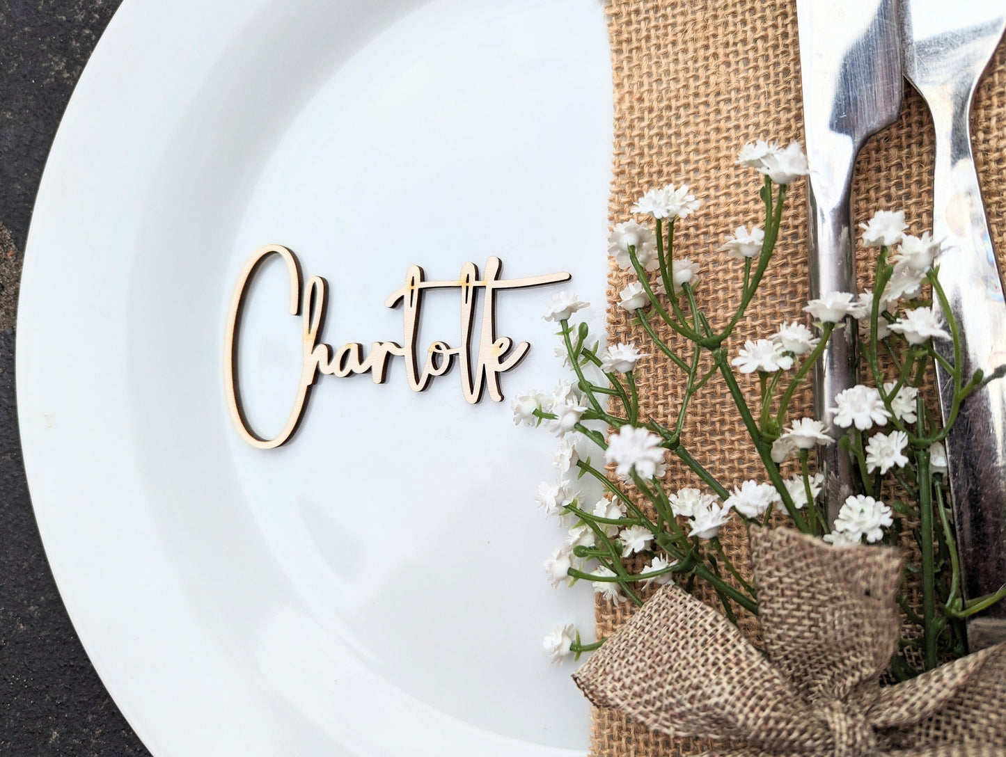 Rustic Script Wood Wedding Place Cards, Laser Cut Calligraphy Favors