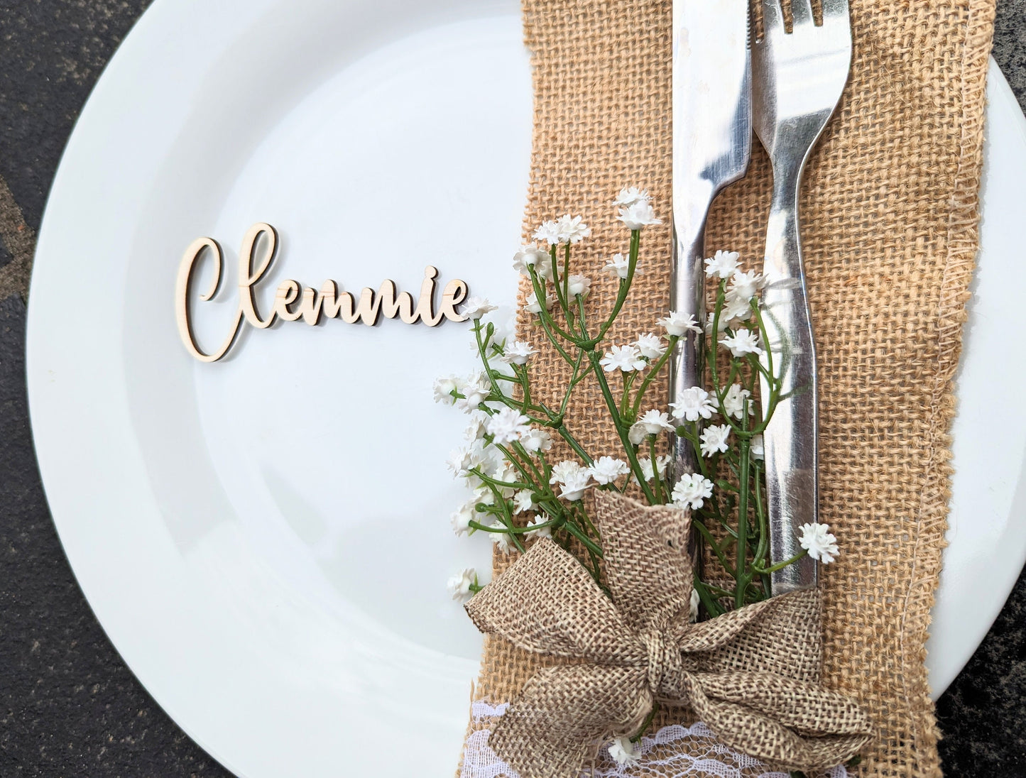 Cursive Wood Wedding Name Place Cards, Laser Cut Birchwood Favors