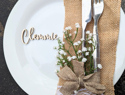 Cursive Wood Wedding Name Place Cards, Laser Cut Birchwood Favors