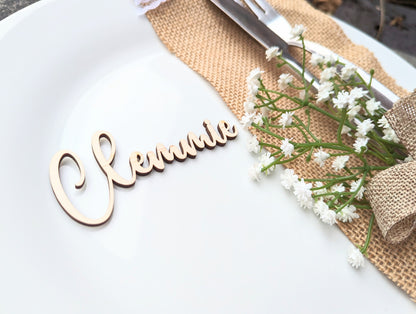 Cursive Wood Wedding Name Place Cards, Laser Cut Birchwood Favors