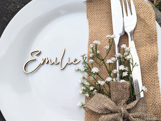 Beautiful Calligraphy Wooden Wedding Name Places. Cursive Wood Place Names. Wood Wedding Names. Wedding Favours. Name Tags for Weddings.