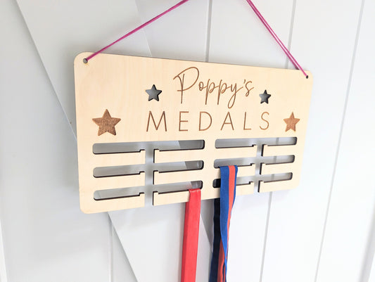 Personalised medal holder. Wooden wall medal hanger. Personalised medal display. Running, cycling, football, gymnastics medal holder.