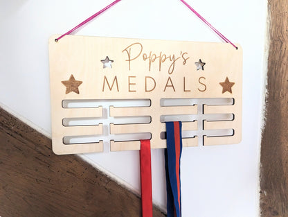 Personalised medal holder. Wooden wall medal hanger. Personalised medal display. Running, cycling, football, gymnastics medal holder.