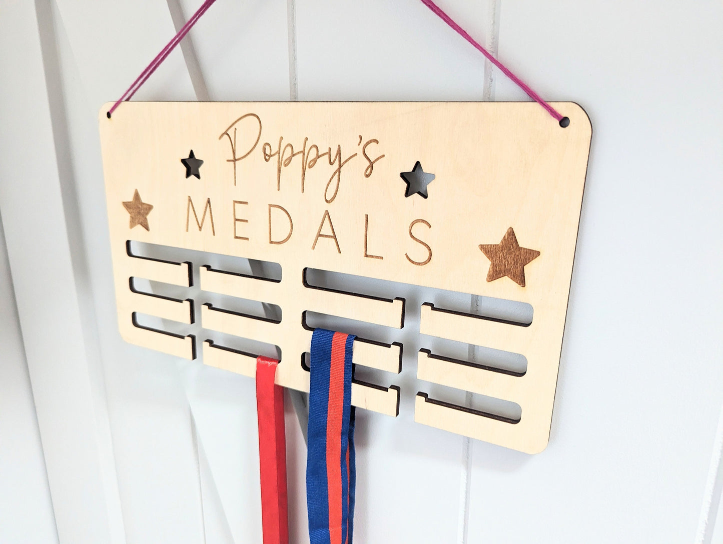 Personalised medal holder. Wooden wall medal hanger. Personalised medal display. Running, cycling, football, gymnastics medal holder.
