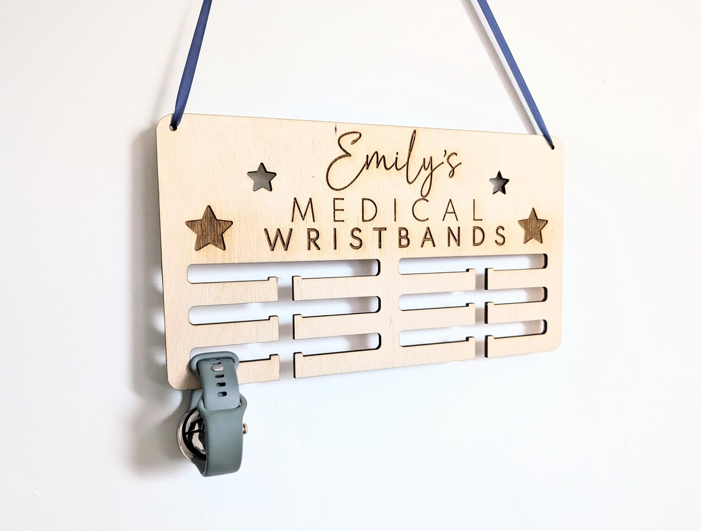 Personalised medical wristband holder. Wooden wall medical wristband hanger. Personalised holder for medical wristbands and bracelets.