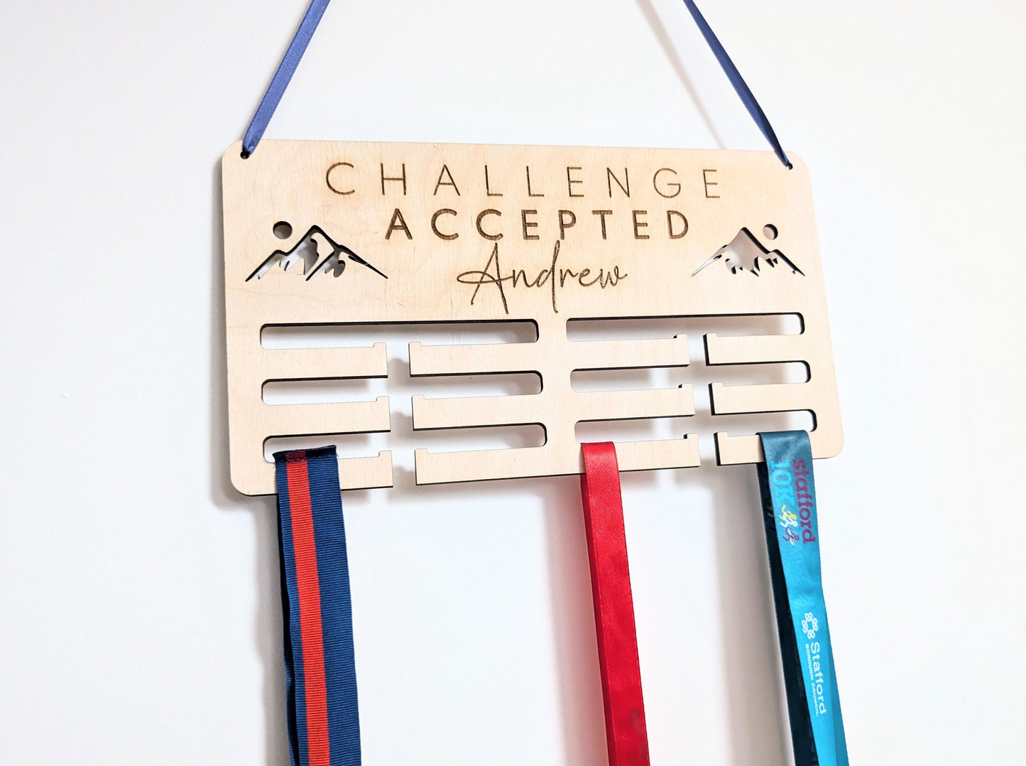 Personalised challenge accepted medal holder. Wooden wall medal hanger. Personalised medal display. Challenge accepted medal holder.