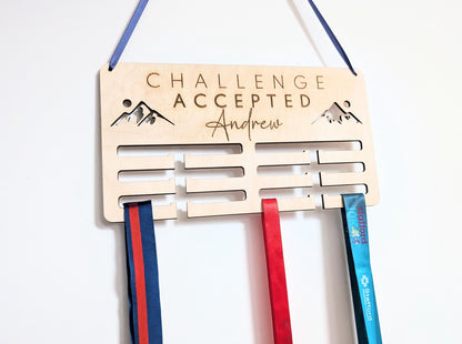 Personalised challenge accepted medal holder. Wooden wall medal hanger. Personalised medal display. Challenge accepted medal holder.