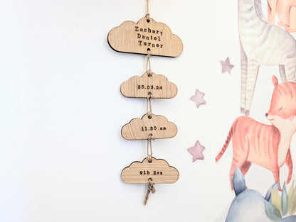 Personalised New Baby Keepsake Hanging. New Baby Wood Gift. Hanging Clouds. Welcome New Baby Gift.  Welcome To The World Personalised Gift.