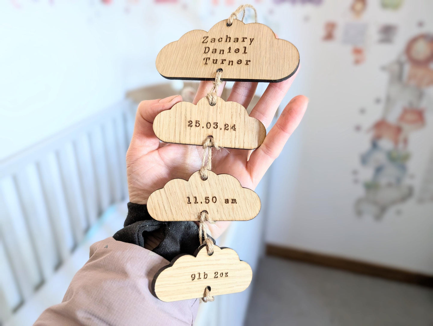 Personalised New Baby Keepsake Hanging. New Baby Wood Gift. Hanging Clouds. Welcome New Baby Gift.  Welcome To The World Personalised Gift.