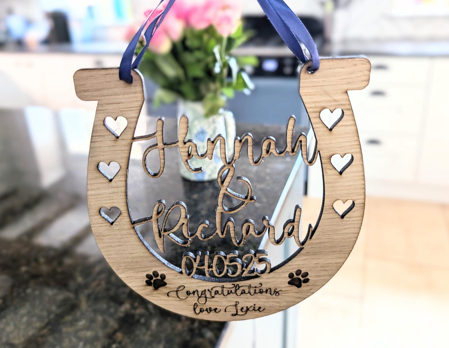 Personalised Wooden Horseshoe for Wedding with Different Coloured Ribbon. Personalised Wooden Horseshoe. Gift from Guest or Pet for Wedding.
