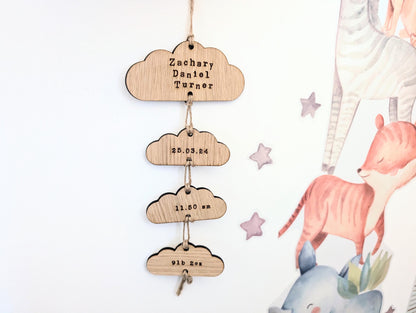 Personalised New Baby Keepsake Hanging. New Baby Wood Gift. Hanging Clouds. Welcome New Baby Gift.  Welcome To The World Personalised Gift.