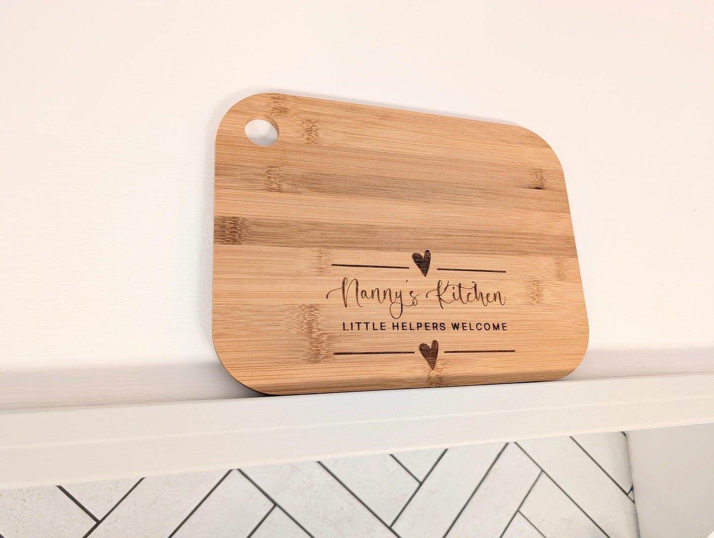 Personalised Little Helpers Welcome Chopping & Serving Board. Kitchen Keepsake. Personalised Nanny's Little Helpers Welcome Serving Board.