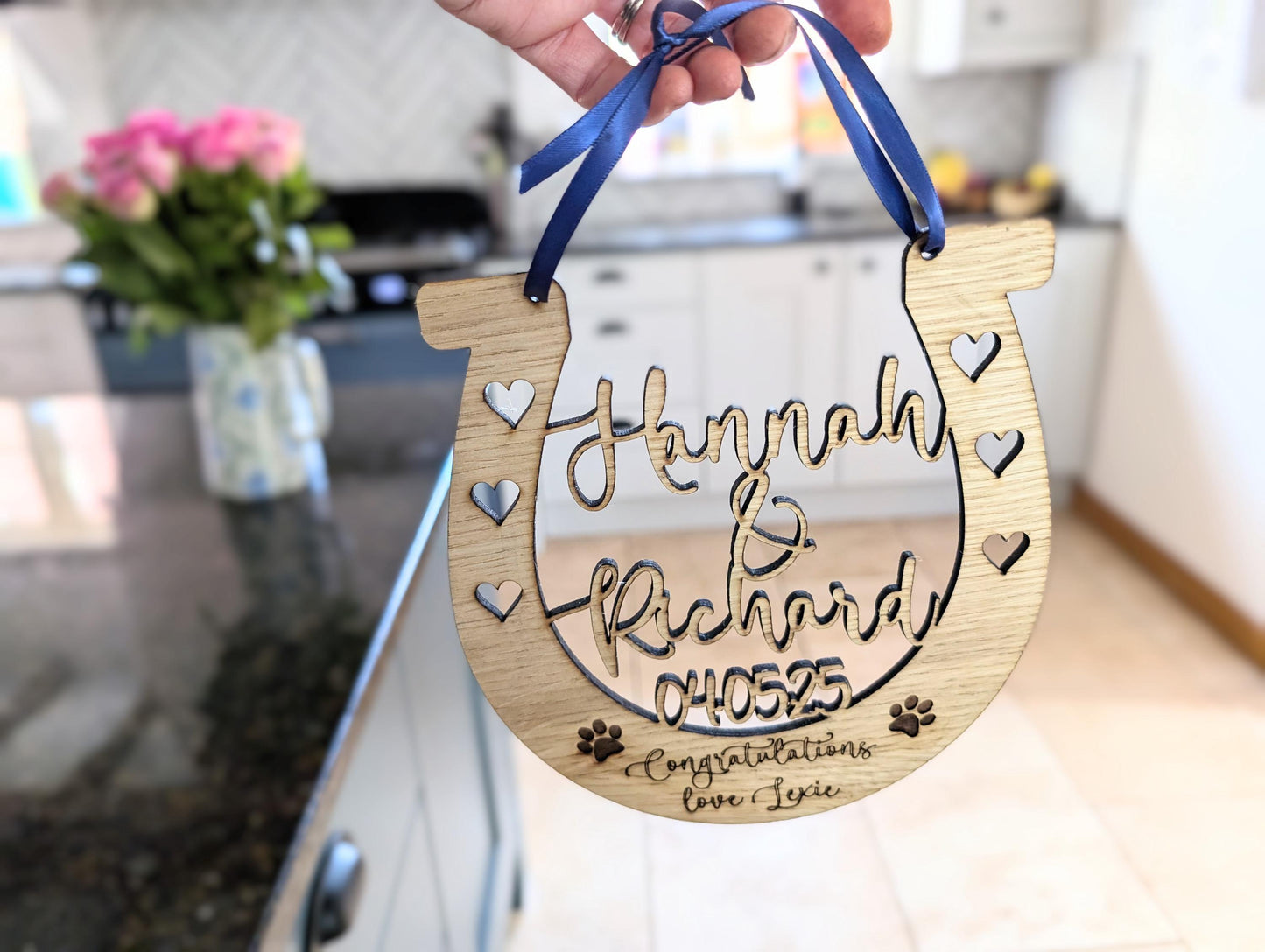 Personalised Wooden Horseshoe for Wedding with Different Coloured Ribbon. Personalised Wooden Horseshoe. Gift from Guest or Pet for Wedding.