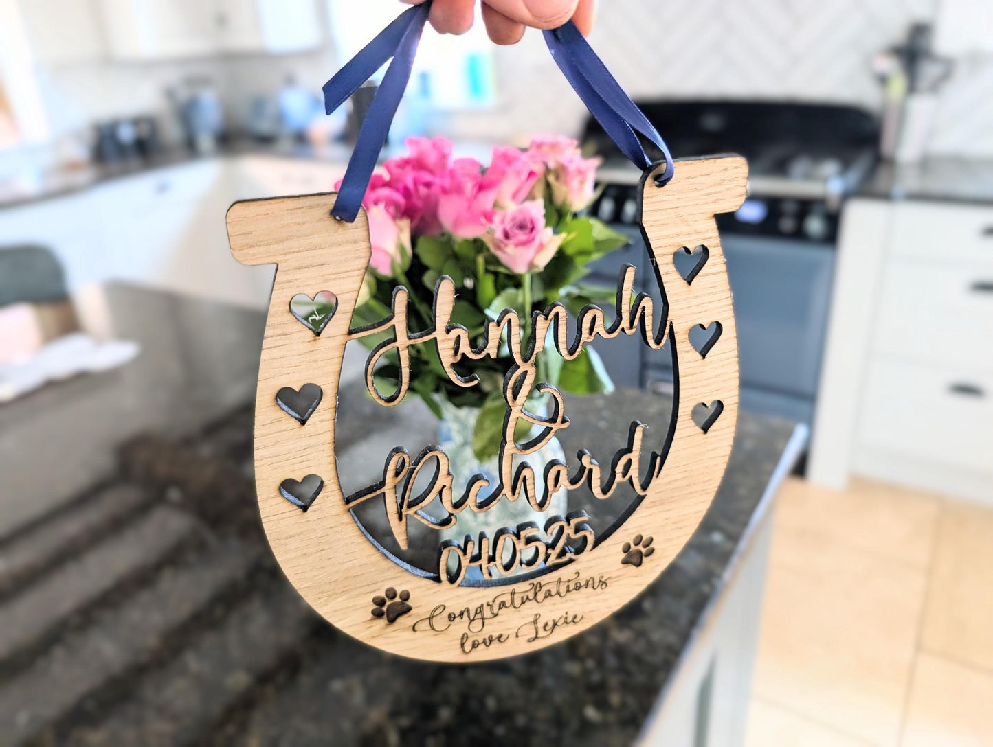 Personalised Wooden Horseshoe for Wedding with Different Coloured Ribbon. Personalised Wooden Horseshoe. Gift from Guest or Pet for Wedding.