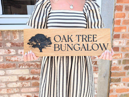 Large Address Sign, Solid Oak, Engraved and Filled With Black Paint - House Name and Any Image Oak Wood Plaque - Custom Outdoor Sign