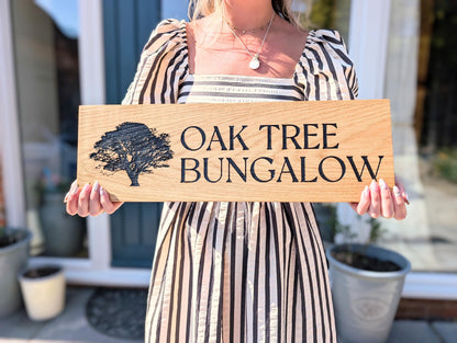 Large Address Sign, Solid Oak, Engraved and Filled With Black Paint - House Name and Any Image Oak Wood Plaque - Custom Outdoor Sign