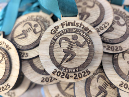 Personalised wooden double layer medals with or without ribbon. Custom wooden medals that include any wording and logo. Alternative medals