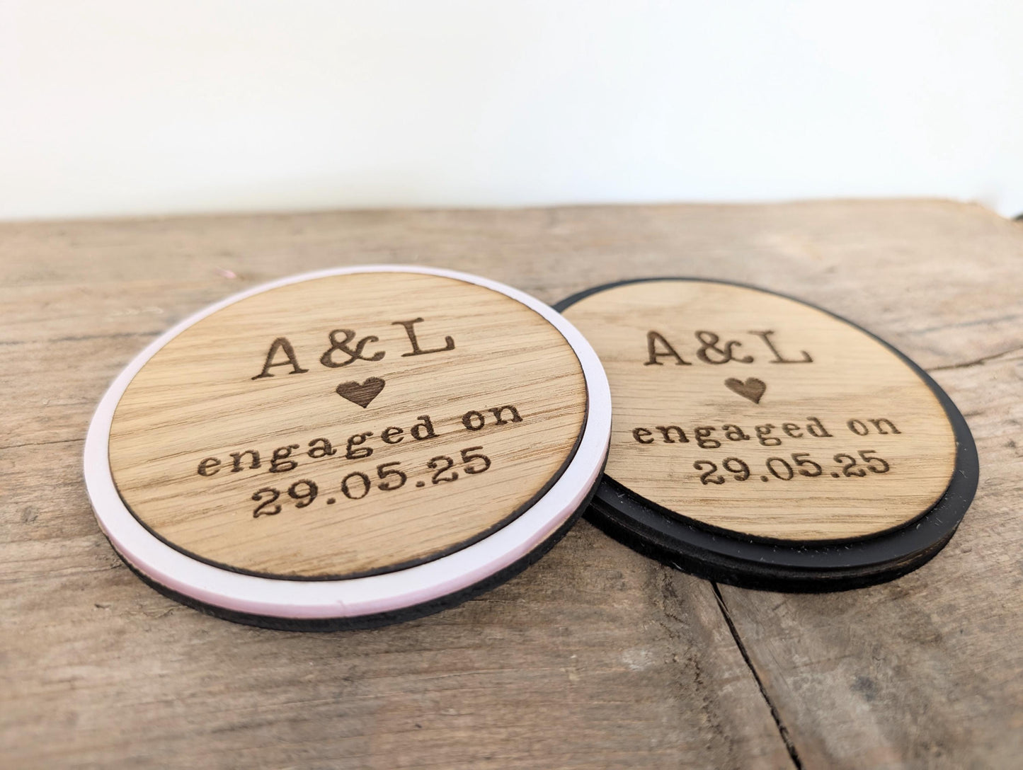 Personalised Wooden Engagement Coasters: Couple's Initials & Date