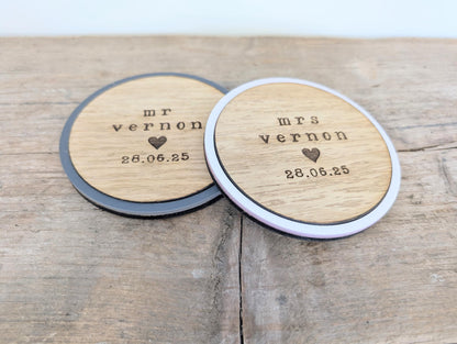 Personalised Mr & Mrs Wedding Coaster Set: Engraved Wood Keepsake